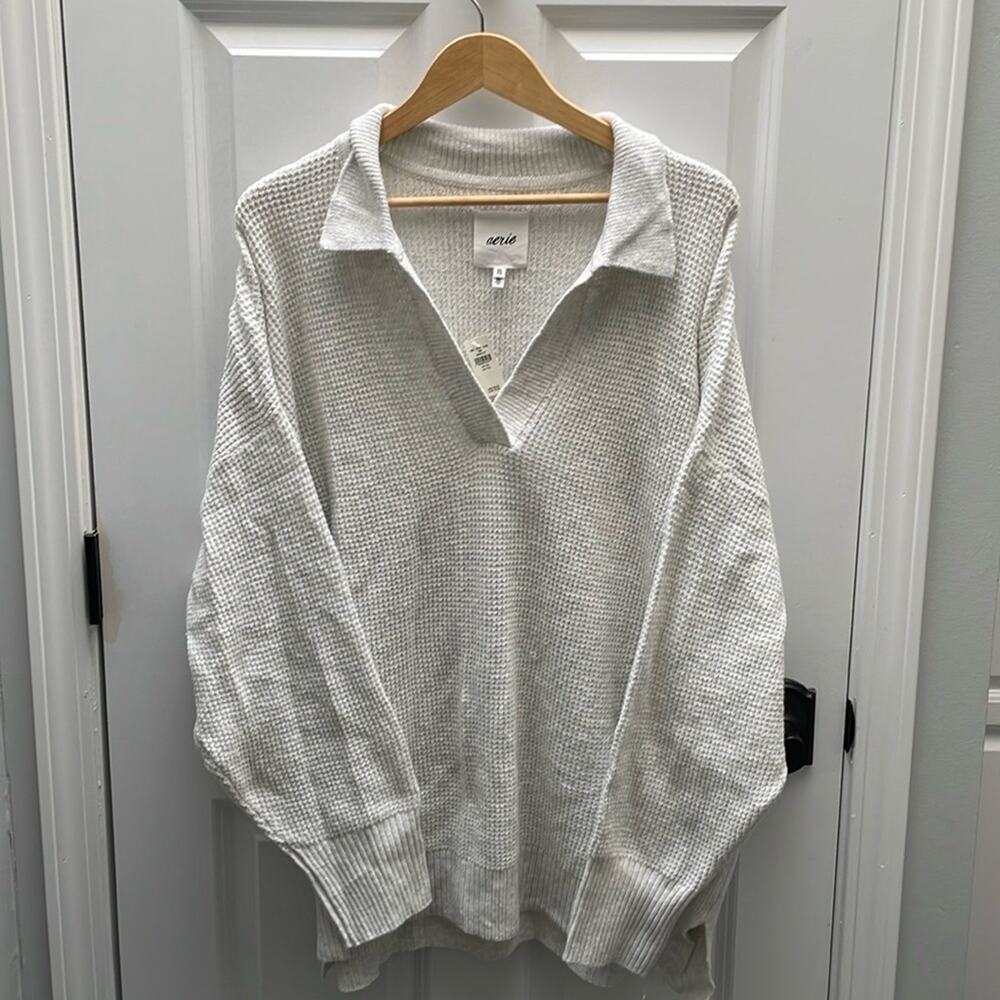 AERIE NWT Grey Waffle Knit Polo Soft V-Neck Long Sweater Size XL